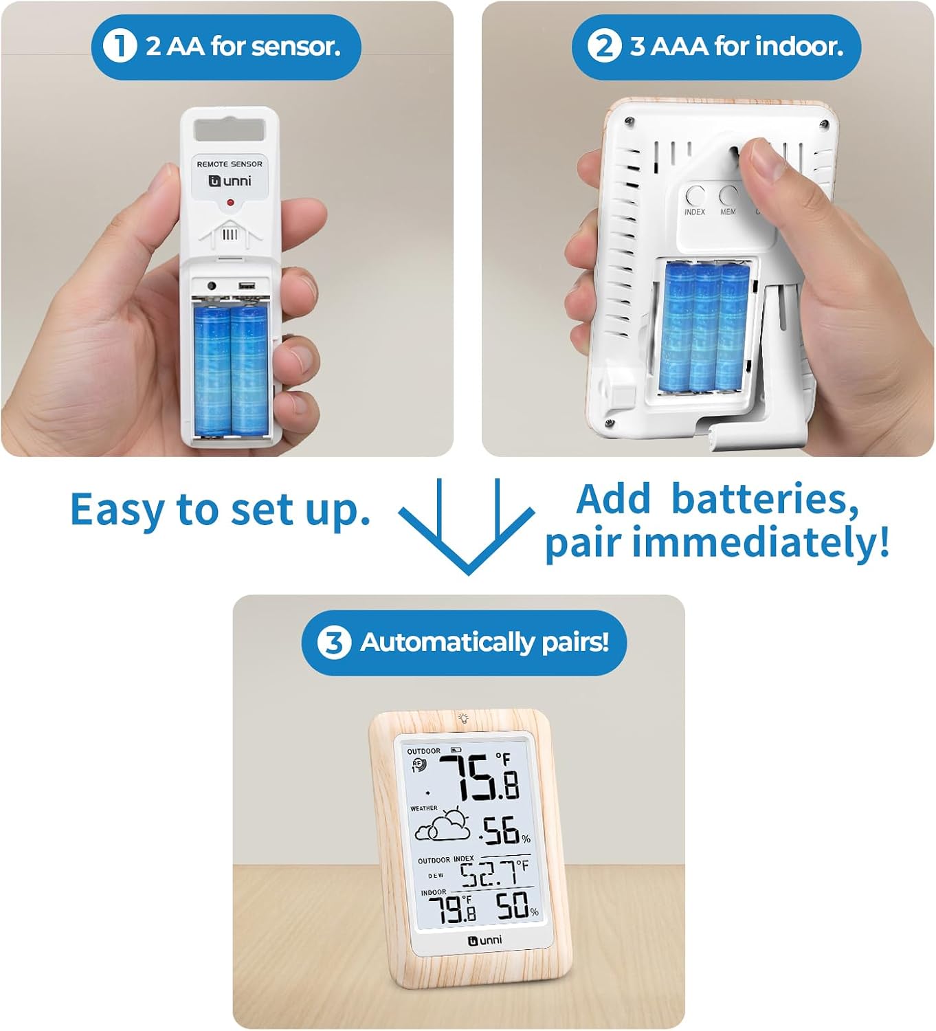 Indoor Outdoor Thermometer Hygrometer Wireless Weather Station, Temperature Humidity Monitor Battery Powered Inside Outside Thermometers with 330ft Range Remote Sensor and Backlight Display