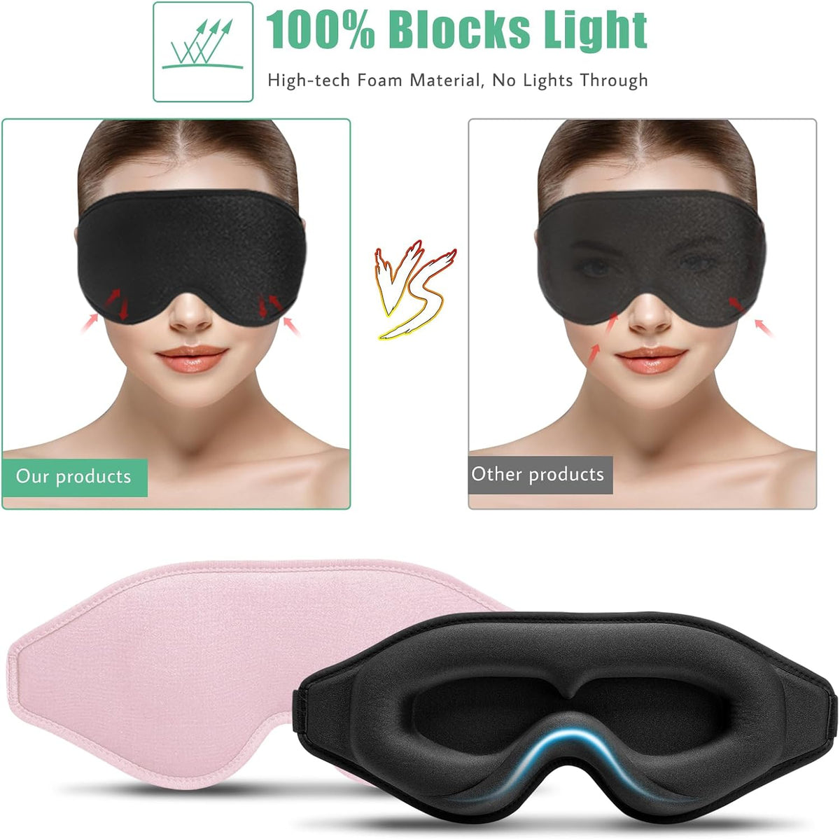 BeeVines 3D Molded Sleep Mask, Blackout Eye Masks for Sleeping (2 Packs)