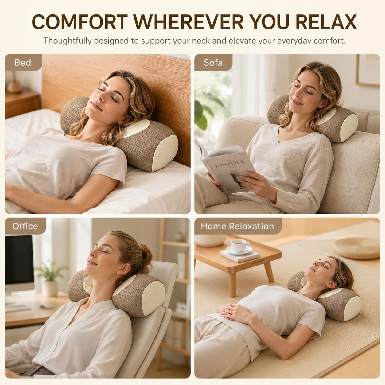 Buckwheat Neck Roll Pillow, Adjustable Cervical Pillow for Neck Pain Relief | natural hull fill, customizable loft, firm support, side and back sleepers, washable cover, lower back use