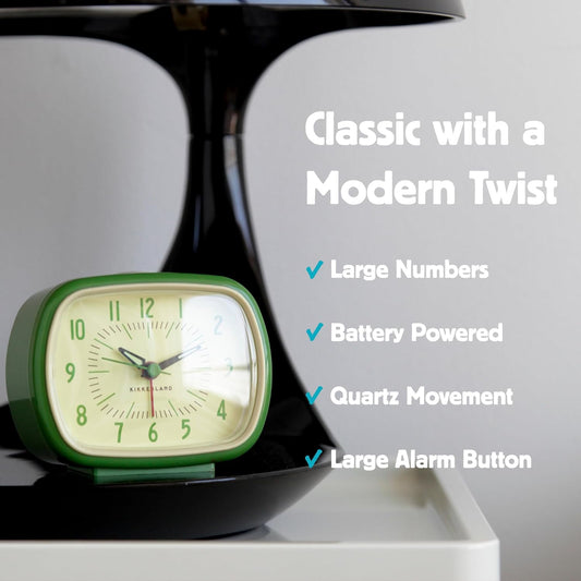 Kikkerland Retro Alarm Clock – Vintage Decor for Bedroom, Nightstand, Living Room, or Office – Battery Operated, Decorative Analog Clock, Green