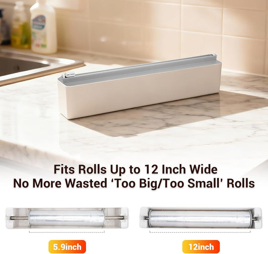 Plastic Wrap Dispenser with Cutter - Magnetic Plastic Wrap Dispenser for Kitchen & Home, Refillable Food Cling Wrap Holder, Easy to Attach to Refrigerator, Fits 12" Rolls, Smooth Cutting Design