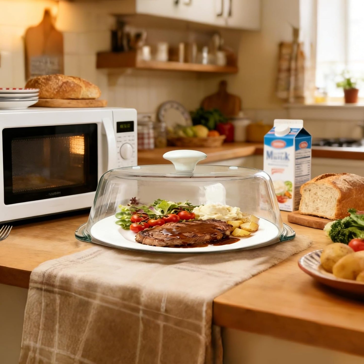 Glass Microwave Splatter Cover with Mat for Food, 10 Inch Guard Lid | Lightweight Borosilicate Glass, Food Grade, Silicone Knob, 2 Vents, 3.1in Tall to Cover Bowls and Plates, Dishwasher Safe