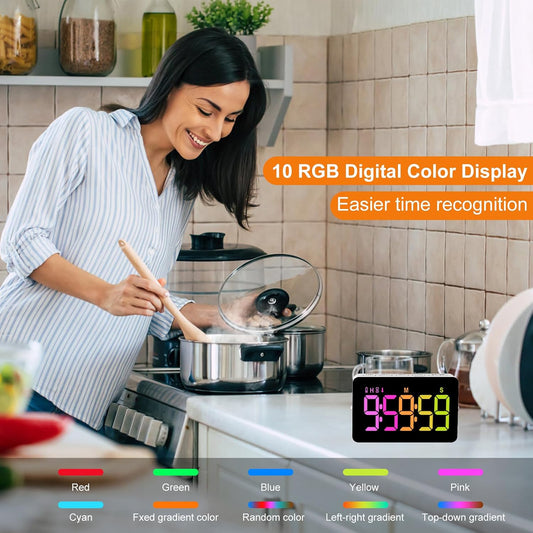 PERSUPER Kitchen Digital Timer, Count Down Up, Rechargeable, Vibration Mode | Adjustable Volume and Brightness LED Display, Time Management Cook, Desk, Kids Adults Study Teaching, Kitchen Gadgets RGB 