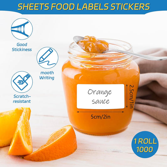 1000 Removable Freezer Labels, 1" X 2" Waterproof Food Container Stickers | Perforated Roll, Oil-Resistant Paper, Strong Adhesive, Residue-Free Removal, for Jars, Bottles, Freezer Storage
