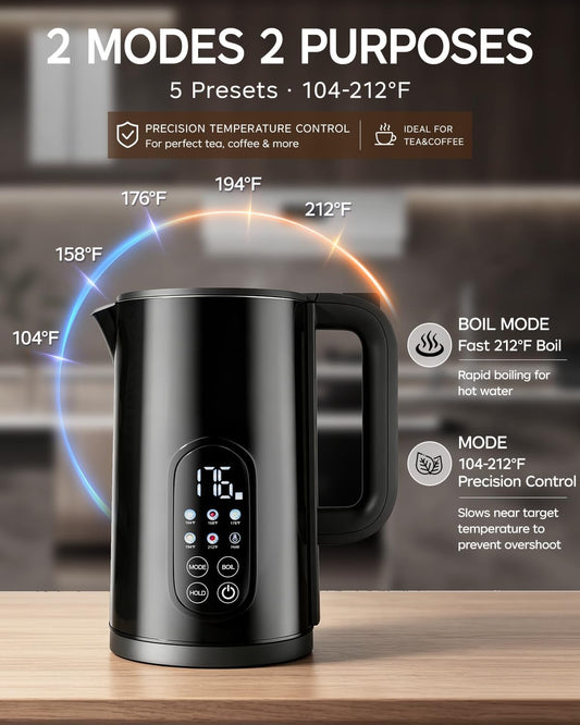 1.7L Stainless Steel Electric Kettle with Temperature Control–Black | 5 Preset Temperatures for Tea & Boiling Water, 2H Keep Warm, 1200W BOIL Mode, 304 Stainless Steel Interior, Cordless Base