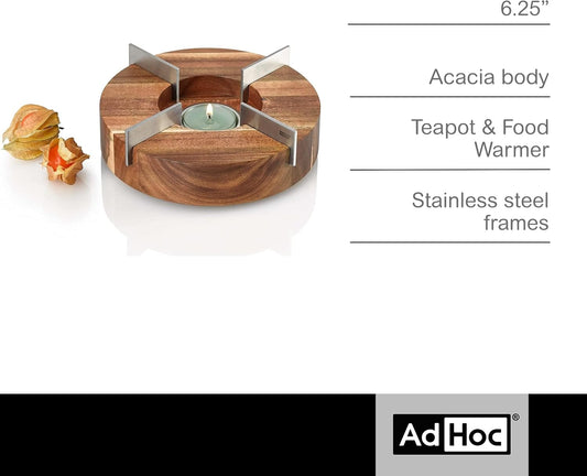 AdHoc Tuto Decorative Teapot and Food Warmer - Portable Warmer for Food & Drinks - Wood Warming Plate with Stainless Steel Plate - Warmer for Mid-Sized & Smaller-Sized Teapots