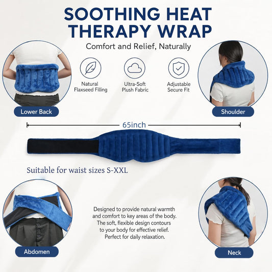 Fiyelep Microwavable Flaxseed Heating Pad, Hot Cold Reusable Therapy Wrap, Multi-Chamber Even Warmth, Soft Flannel Cover, Flexible Pack for Neck Shoulder Back Abdomen, Navy Blue