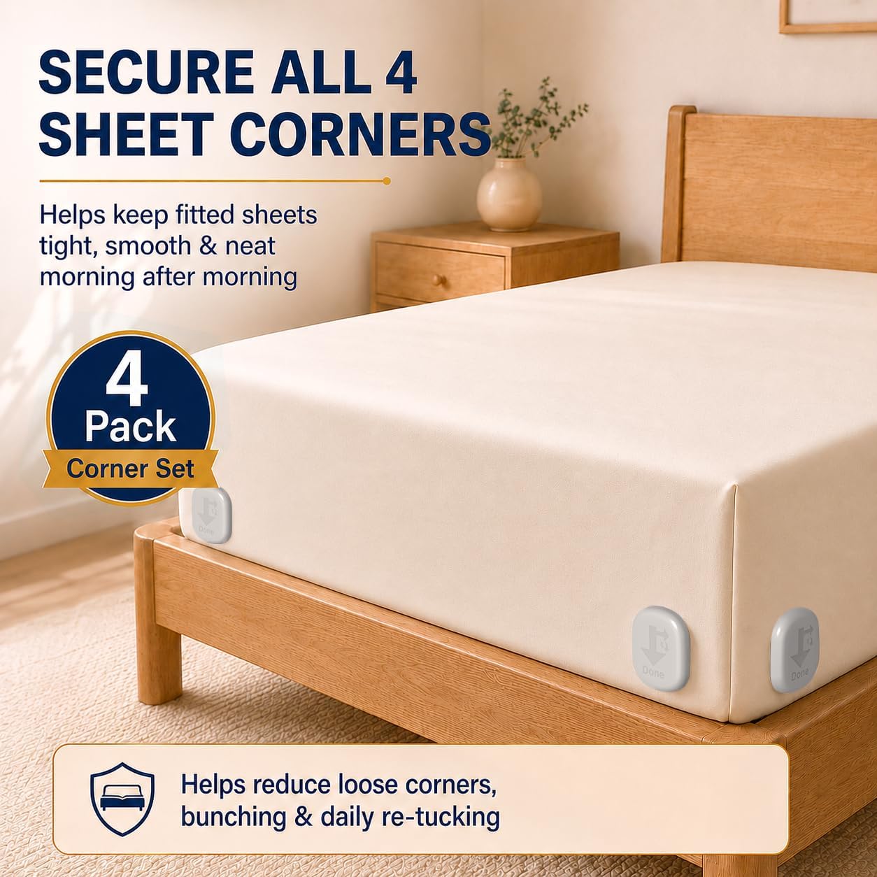 Bed Sheet Holders for Corners, 90° Quick-Lock Fitted Sheet Holder, 4-Pack | Fits 3.8-16 in. mattresses; Adjustable-base friendly; Clear corner access; One-person install; ABS, no metal teeth