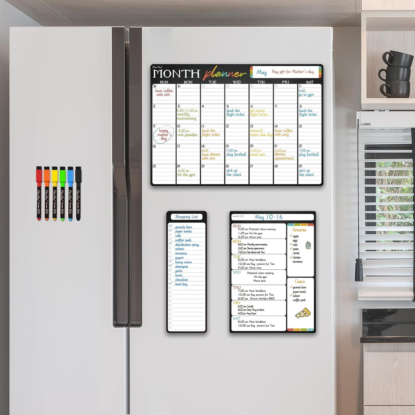 Magnetic Dry Erase Monthly Calendar Set - 15.5"x13" Monthly and 8.5"x13" Weekly Calendar for Fridge - 6 Extra Fine Point Markers Included - Shipped Flat