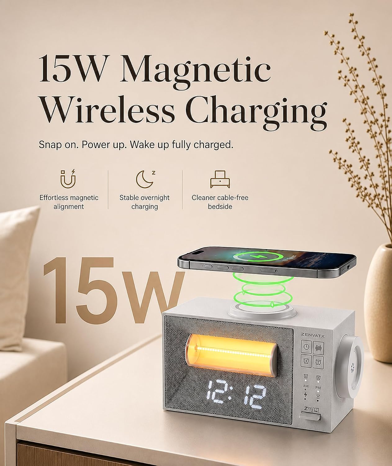 Sound Machine Alarm Clock with Wireless Charger for Bedroom, Hotel | Dual Alarm Clock with Snooze, White Noise Machine for Sleep with 20 Soothing Sound, Gentle Sunrise Wake Up Light, Night Light