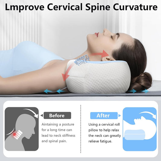Cervical Neck Roll Pillow, Say Goodbye to Neck Pain, Travel Neck Support Pillow for Side Sleepers, Ergonomic Memory Foam Camping Pillow, Cervical Traction Device with Storage Bag