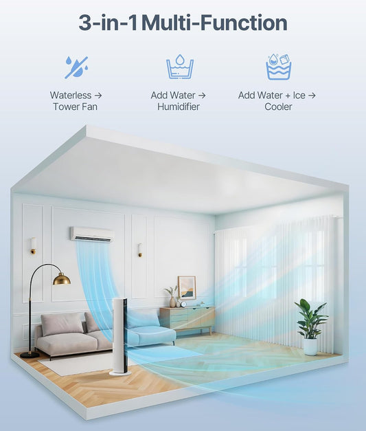 Portable Evaporative Air Cooler, 3-in-1 Cooling Fans that Blow Cold Air With 3L Water Tank, 38'' Tower Fan for Bedroom, Office with 3 Speeds, 12H Timer, Oscillation, 2 Ice Packs