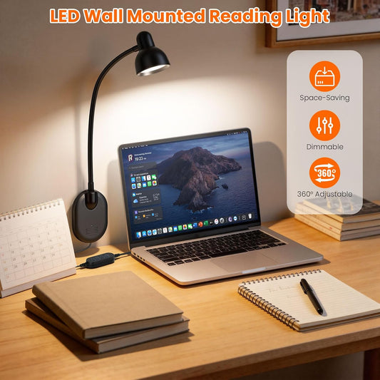 Wall Mounted Reading Light, LED Wall Bedside Lamp with Adapter White | 5 Color 10 Brightness,Plug-in Adhesive Wall Reading Lights for Books in Bed, Auto-Off Timer Wall Lights for Bedroom Headboard