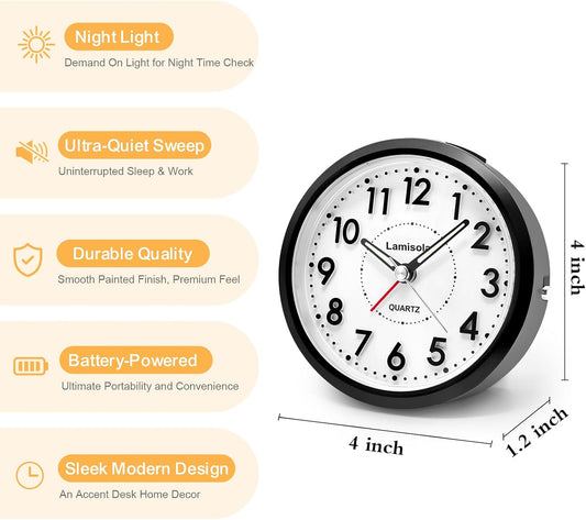 Lamisola 4 Inch Alarm Clock for Bedrooms, Small Analog Desk Clock, Black