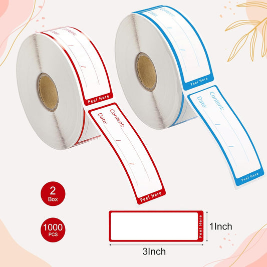 1000 Freezer Labels with Dispenser, 1" x 3", Removable, Red/Blue | Writable food Labels, Easy-Peel, No Residue, Strong Adhesive, Waterproof, For Containers and Freezer Bag