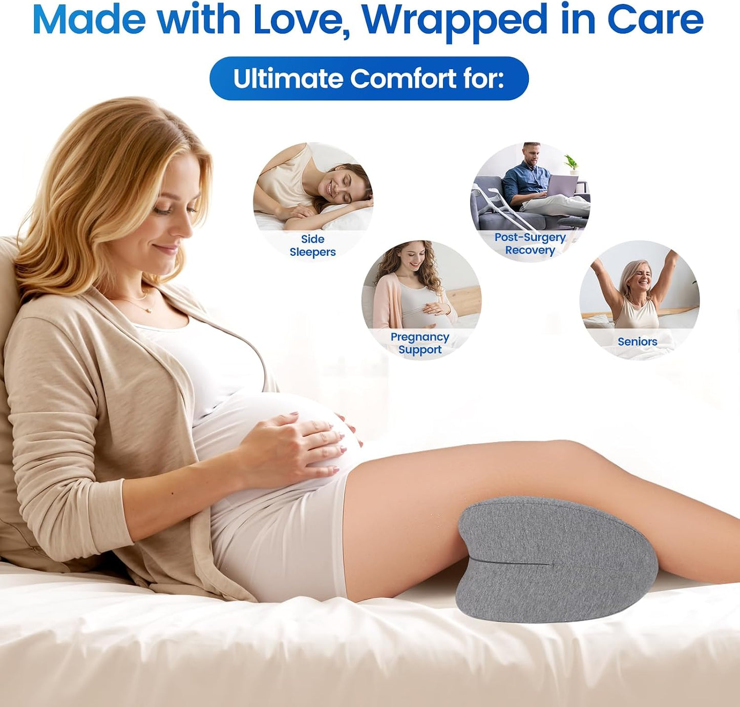 Knee Pillow for Side Sleepers, Memory Foam Leg Pillow, Grey | Heart-shaped design, high-density memory foam, raised edges, machine-washable cover, supports knee, hip and spinal alignment
