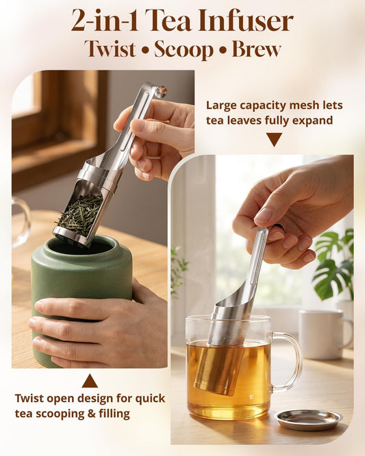Tea Infuser for Loose Leaf Tea, Stainless Steel Fine Mesh Tea Strainer | 2-in-1 Loose Leaf Tea Steeper, HOUSE AGAIN Tea Filter & Scoop with Long Handle, Easy Fill Reusable Single Cup Tea Ball