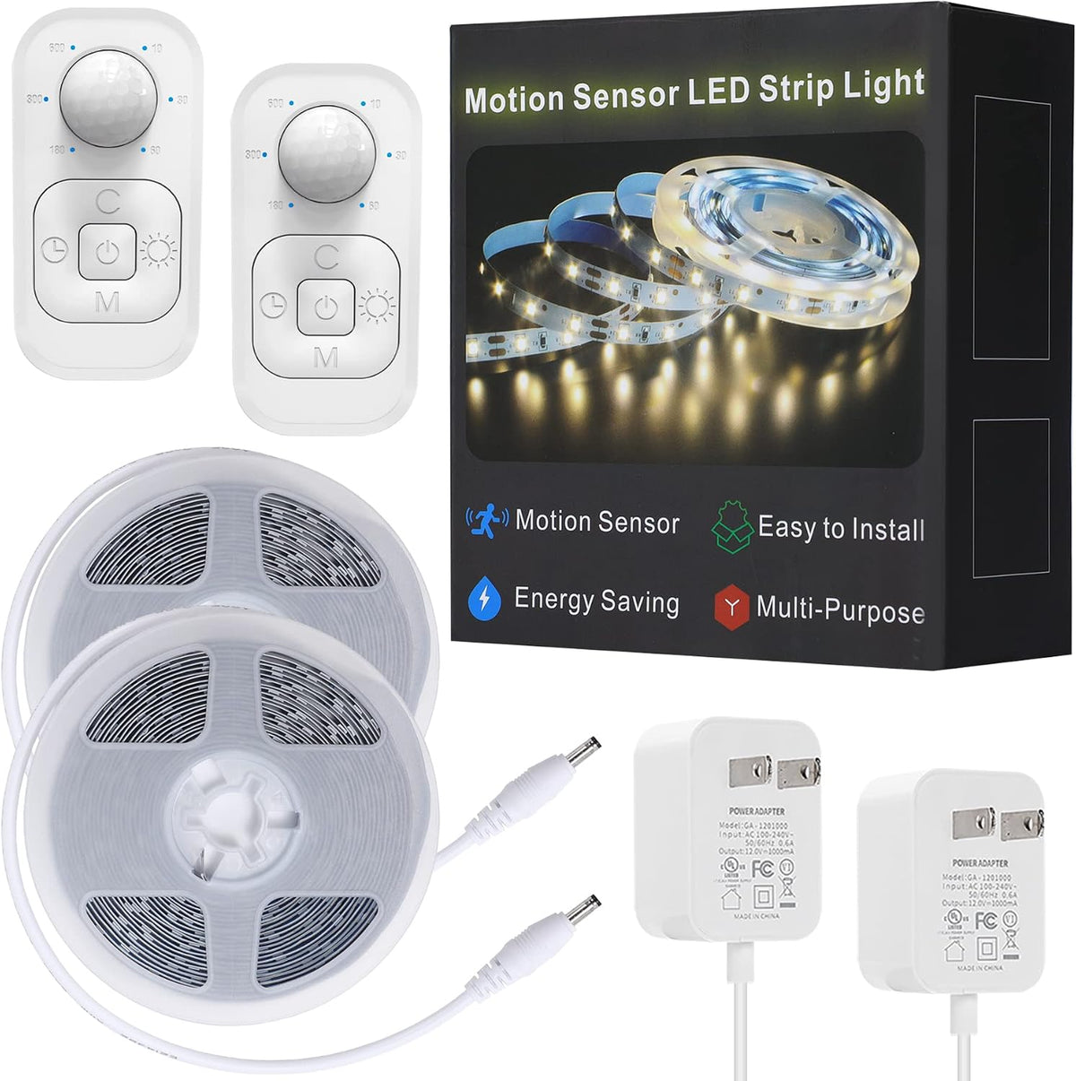 Motion Sensor Under Cabinet Lights - Plug-in LED Strip Lights Indoor with Power Adapter, Dimmer and Timer for Kitchen Cabinet, Counter, Shelf, Showcase, Stairway, Bedroom, Corridor, Washroom