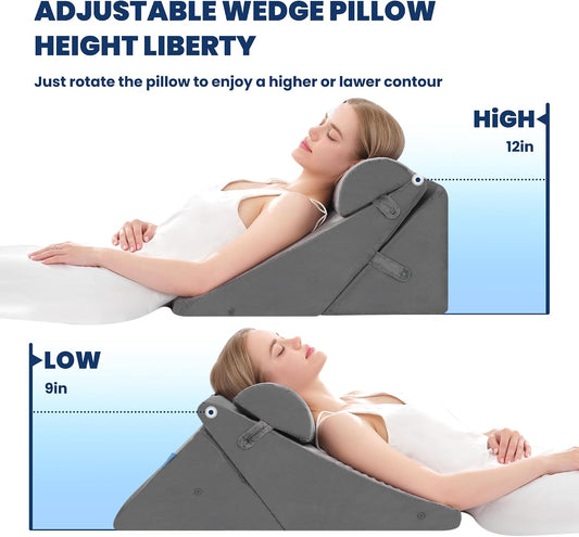 BDEUS 3PCS Wedge Pillows for Sleeping Bed Wedge Pillow 9&12 Inch Adjustable Triangle Pillow Wedge with Premium Half-Moon Memory Foam Bolster Pillow