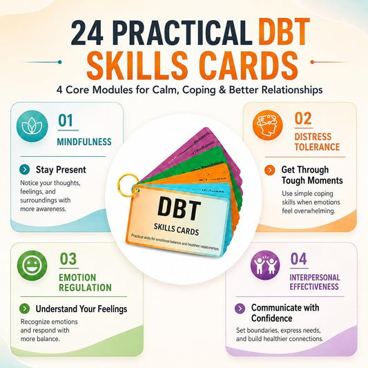 DBT Skills Cards for Adults & Teens – 24 DBT Coping Skills Flashcards for Emotional Regulation, Mindfulness, Distress Tolerance & Interpersonal Effectiveness, Therapy Tools for Counselors & Therapists
