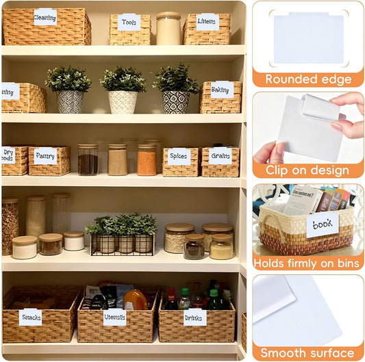 14 Pcs Set of Basket Labels Clip On for Storage Bins | 12 White Removable Bin Labels with 1 Chalk Marker&Wipe Cloth, Hanging Basket Tags for Pantry, Office, Classroom Organization