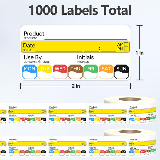 2 Rolls 1000 Pcs 1 inch X 2 inch Restaurant Quality Shelf Life Food Rotation Labels, Self-Adhesive Removable for Reusable Containers, Food Safety Date Sticker, Leftover Labels