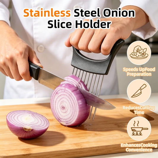 Premium Stainless Steel Onion Slicer, Onion Holder for Slicing, Vegetable Cutter Chopper, Fruit Tomato Slicer, Kitchen Gadgets