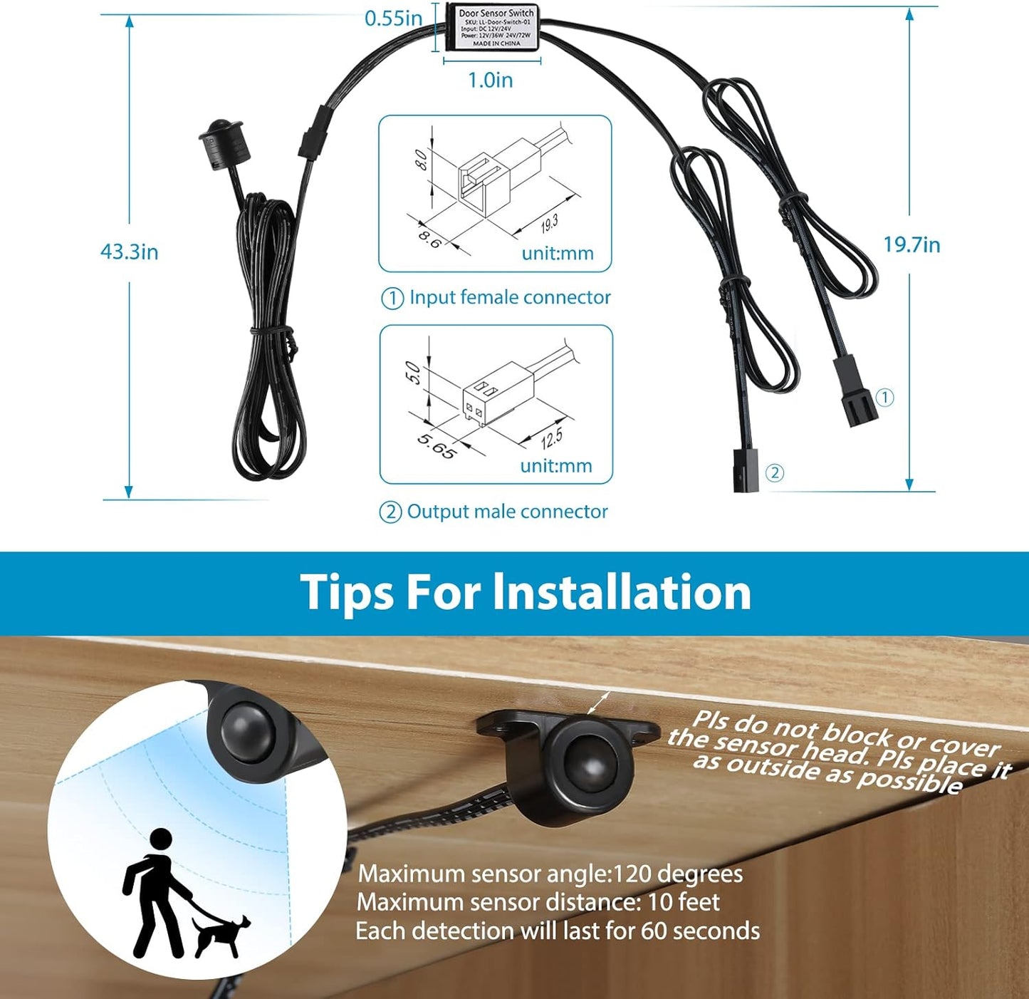 Litever Human Motion Activated Sensor Switch Black. Independent Sensor Head. DC12~24V 3A. Perfect for DIY LED Lighting for Gun Safe, Closet, Wardrobes, Pantry, Cabinet, Kitchen Cabinets, Bed Light
