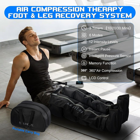 Leg Compression Massager for Circulation and Pain Relief, Full Leg 5-Zone Compression Boots with 10 Air Chambers, 12 Levels, Foot and Leg Massager for Muscle Recovery for Athletes, Black