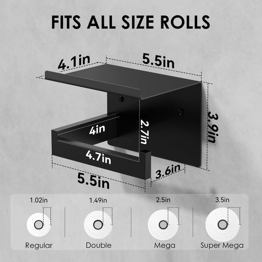 Auxmir Toilet Paper Holder with Shelf, Self Adhesive or Screw Mount, Black | Rustproof SUS304 Stainless Steel with Phone Shelf, Square Anti-Slip Bar, Fits Mega Rolls, Adhesive or Screw Installation