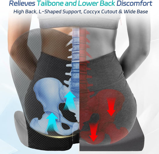 Back and Seat Cushion for Office, Back & Tailbone Pain Relief, Raised Cushion for Lumbar and Butt, Double-Sided Anti-Slip, Improves Sitting Posture, Ergonomic Memory Foam Lumbar Cushion