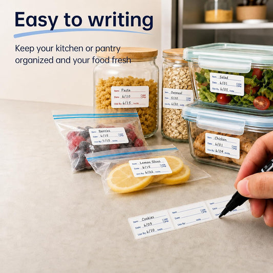 1 x 2 Inch Removable Food Labels, Date Label Stickers for Kitchen, 2 Rolls 1000 Pieces Freezer Labels for Food Containers, Waterproof, Oil-Proof, Tear Resistant, No Residue