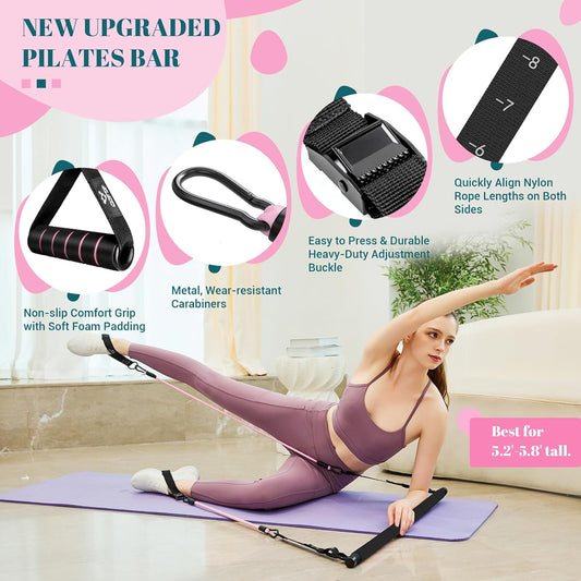 Pilates Bar Kit with Resistance Bands, Multifunctional Yoga Pilates Kit | Heavy-Duty Metal Adjustment Buckle, Portable Home Gym Pilates Resistance Bar Kit for Women Full Body Workouts