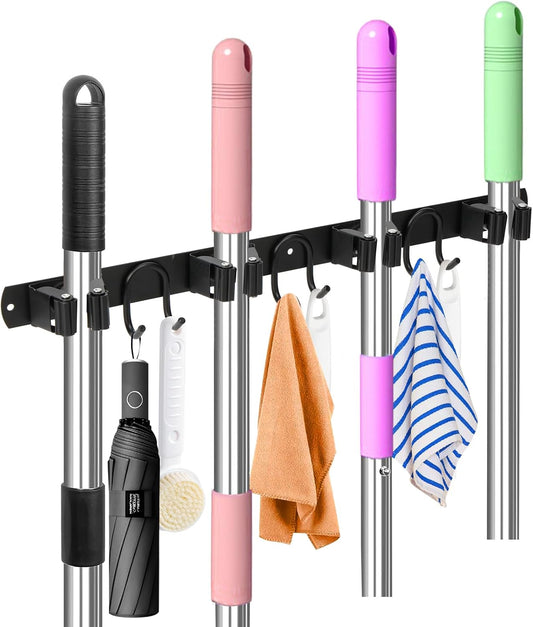Mop Broom Holder Wall Mount, Gold Stainless Steel Tool Storage Organizer for Kitchen Garden Garage Laundry Room Bathroom and RV with 4 Slots 6 Hooks