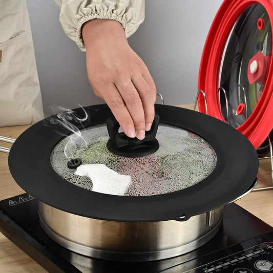 Vented Tempered Glass Universal Lid for Pot Pan Skillet with Heat Resistant Silicone Rim Microwave Splatter Lid Cover Microwave Safe Fit 11.5" 12" 12.5" Cookware, Dishwasher Safe Black