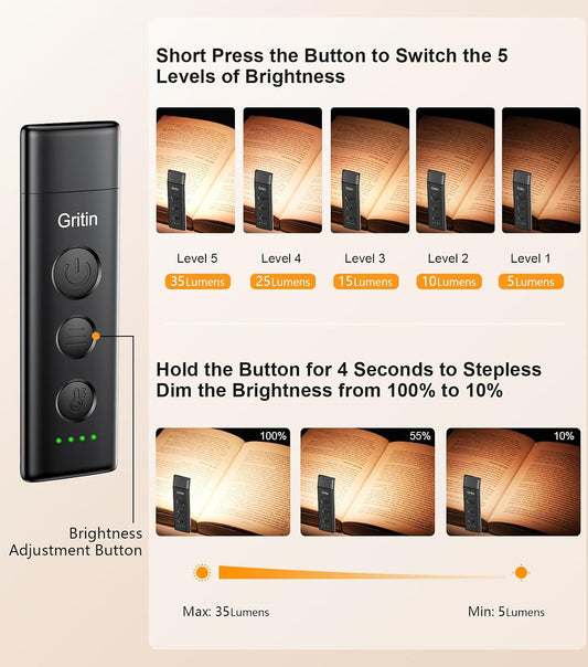 Gritin Book Light Rechargeable, Clip on LED Reading Light for Books in Bed | Eye Caring 3-Color & 5-Brightness, Stepless Dimming, Long Lasting, Compact Size Flexible Book Lamp for Bookworms