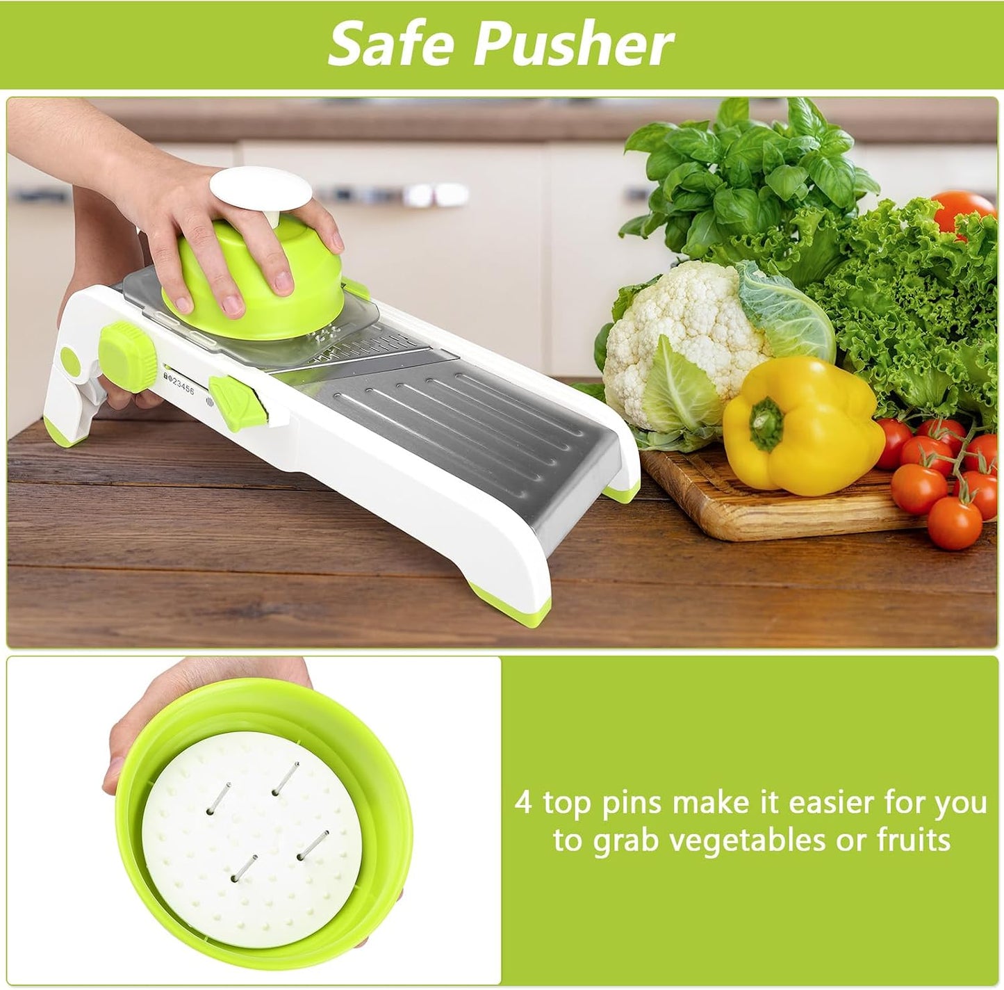 Mandoline Slicer for Kitchen, Adjustable Vegetable Potato Slicer | Stainless Steel Safe Mandolin Veggie Fruit Cutter with Food Holder, for Onion Cucumber Tomato Carrot, Grey