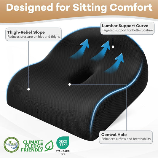 Ergonomic Memory Foam Seat Cushion for Office Chair, Black | Wheelchair Cushions for Tailbone, Hip, Sciatica Support, Soft & Breathable, Chair Pad for Long Sitting, Driving