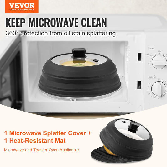 VEVOR Microwave Splatter Cover & Mat, 10.8" Collapsible Microwave Lid for Food, 500°F Heat-Resistant Silicone & Tempered Glass Splatter Guard for Plate Dish, Multi-Purpose Kitchen Gadget with Handle