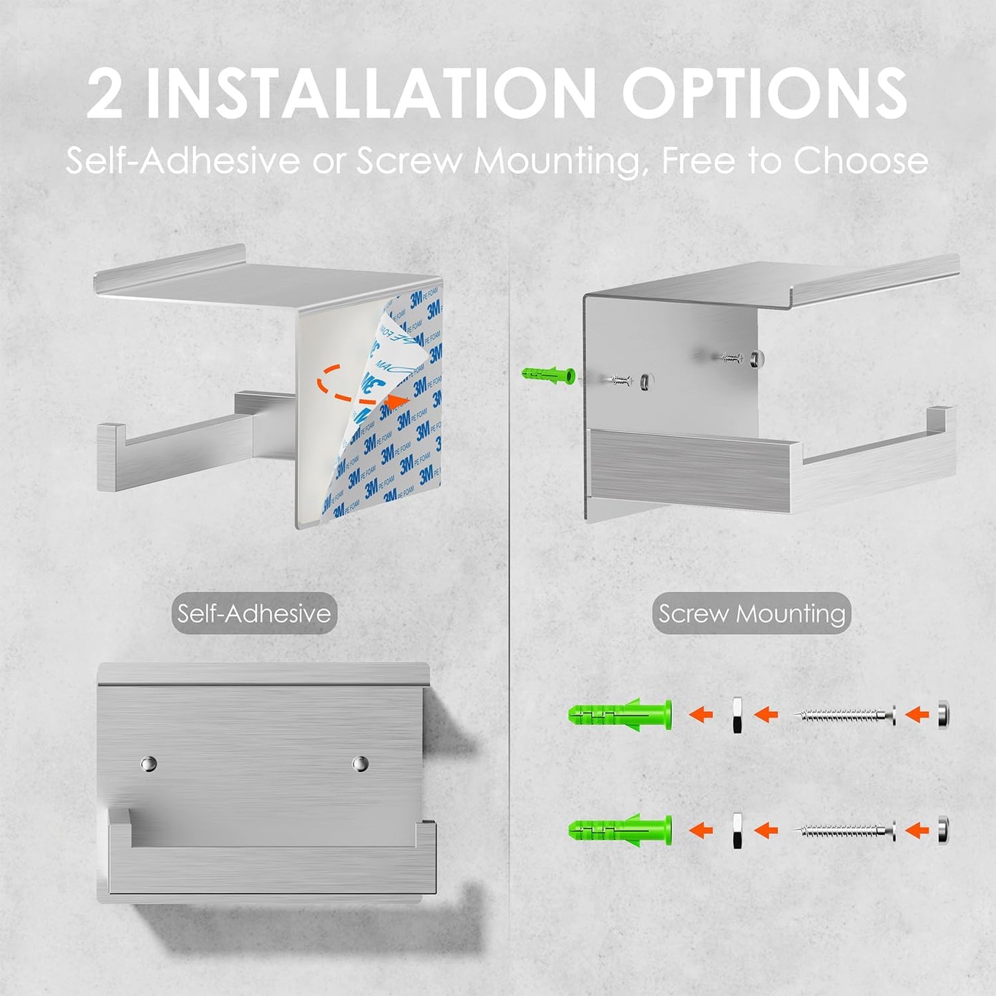 Auxmir Toilet Paper Holder with Shelf, Self Adhesive or Screw Mount, Black | Rustproof SUS304 Stainless Steel with Phone Shelf, Square Anti-Slip Bar, Fits Mega Rolls, Adhesive or Screw Installation