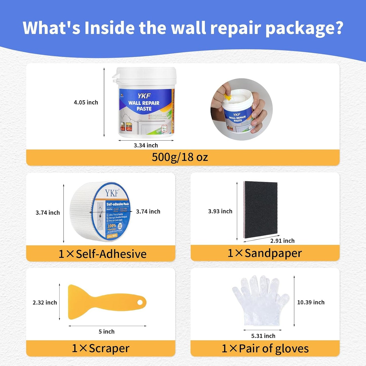 YKF Drywall Repair Kit, 18 oz Ready to Use Quick Dry Wall Repair Paste with Scraper and Self-Adhesive Mesh, White Spackle Putty for Small Holes, Nail Holes, Dents and Cracks