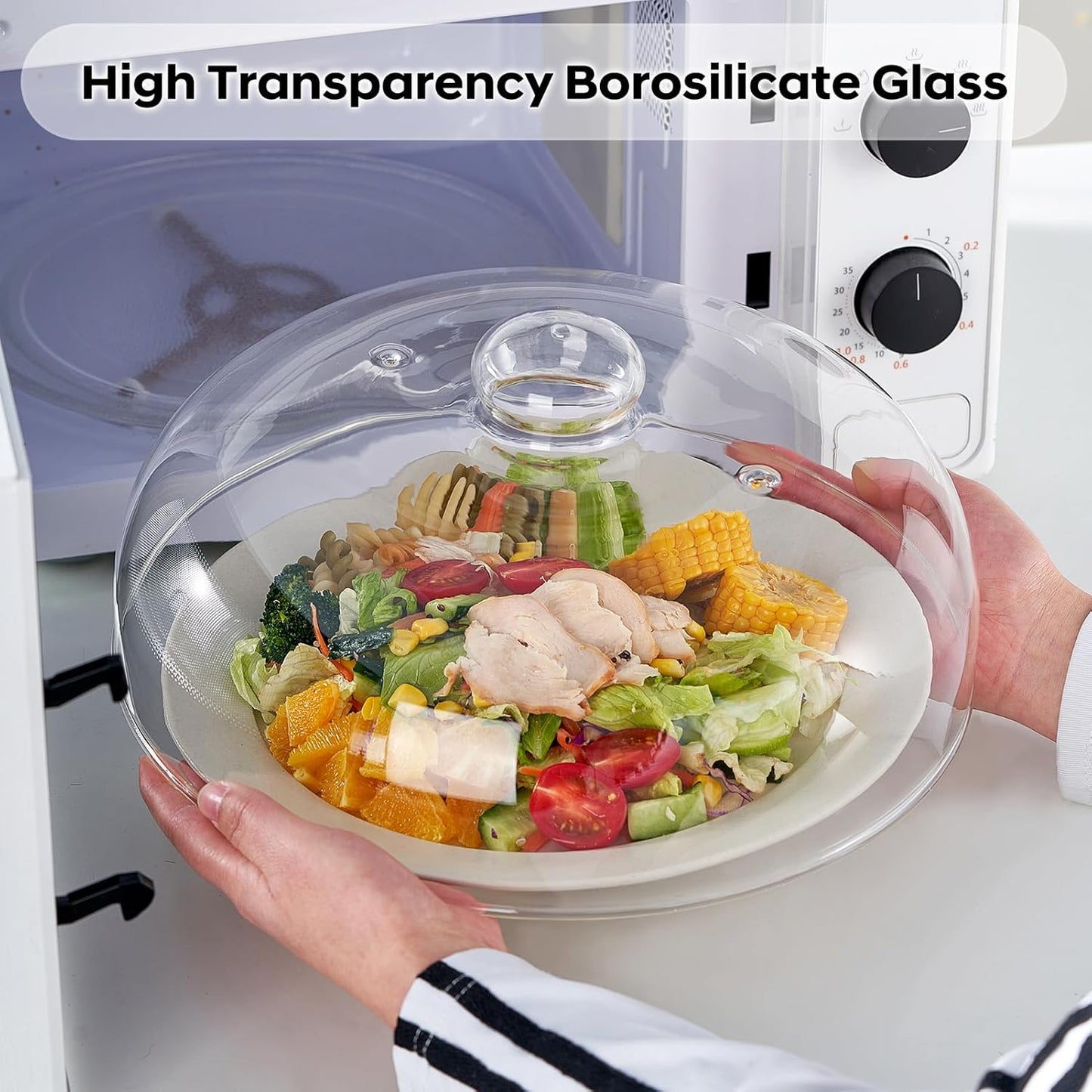 12 Inch Borosilicate Glass Light Microwave Splatter Cover for Food | All Glass Tall Splatter Guard Microwave Plate Serving Dish Covers Lid with Handle for Heating Food
