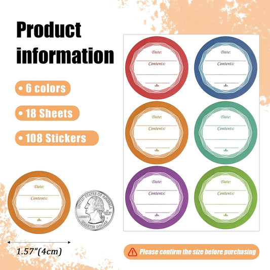 108 Pcs Canning Labels for Mason Jars, 1.6 Inch, Multicolored, Removable | Waterproof & Oil Resistant, Microwave/Freezer Safe, All-Purpose Adhesive Stickers for Food Containers, Glass & Spice Jars