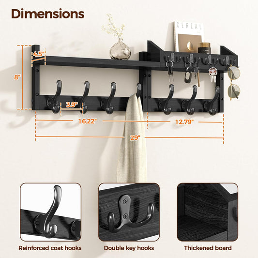 Evermagin 29" Coat Rack Wall Mount with Shelf & 11 Hooks, Entryway, Black | Wooden Wall Mounted Coat and Key Rack with Hooks, Key Hanger with Mail Holder for Living Room, Mudroom, Bedroom
