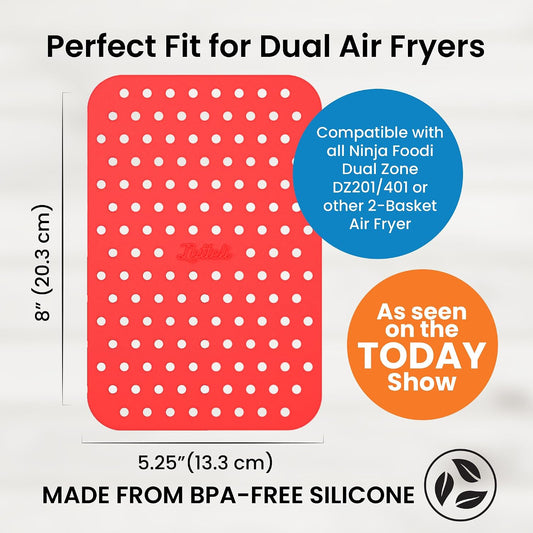 Lotteli Kitchen Reusable Air Fryer Liners, Rectangle, 4 Pack | Air Fryer Accessorie - 5.25 x 8in Silicone Liners for Dual Baskets - Non-Stick, No More Scrubbing