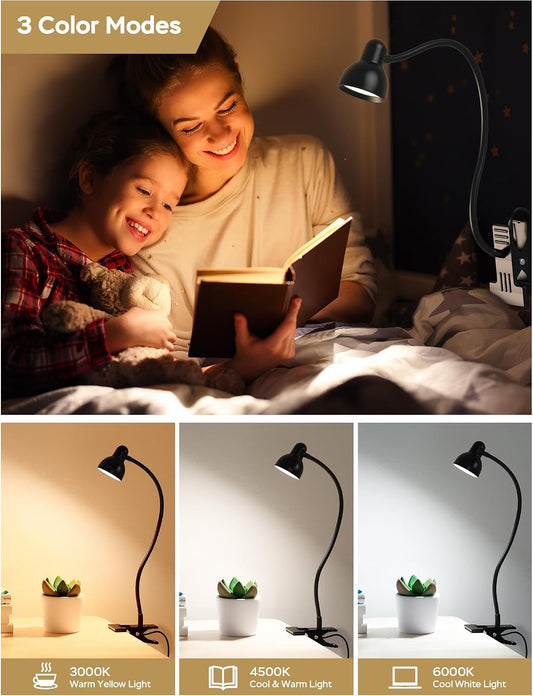 LiFMIRA Desk Lamp Clip on Lamp for Bed, LED Reading Light for Bed Yellow | 3 Colors 10 Dimmable Brightness, LED Book Light for Reading in Bed Flexible Clip on Light Clamp Lamp for Bed Headboard Desk