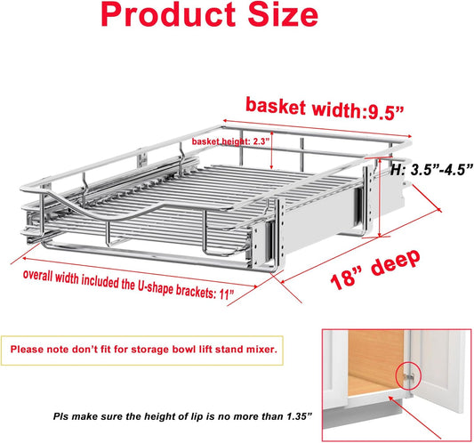 DINDON 1 Tier Pull Out Cabinet Organizer (20" W x 18" D) Heavy-Duty Metal Sliding Drawer Shelf, Slide Out Wire Basket for Kitchen Cabinets, Pantry, Bathroom, Chrome Finish…