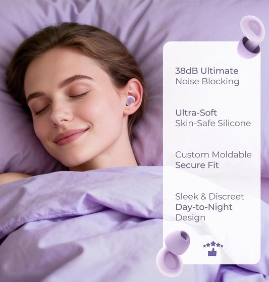 LC-dolida Aura Pro Sleep Earplugs, 38dB Higher Noise Reduction - Ultra-Soft Silicone for Snoring & Noise Blocking, Skin-Safe Custom Fit, Sleek & Reusable for Travel, Office(Purple)