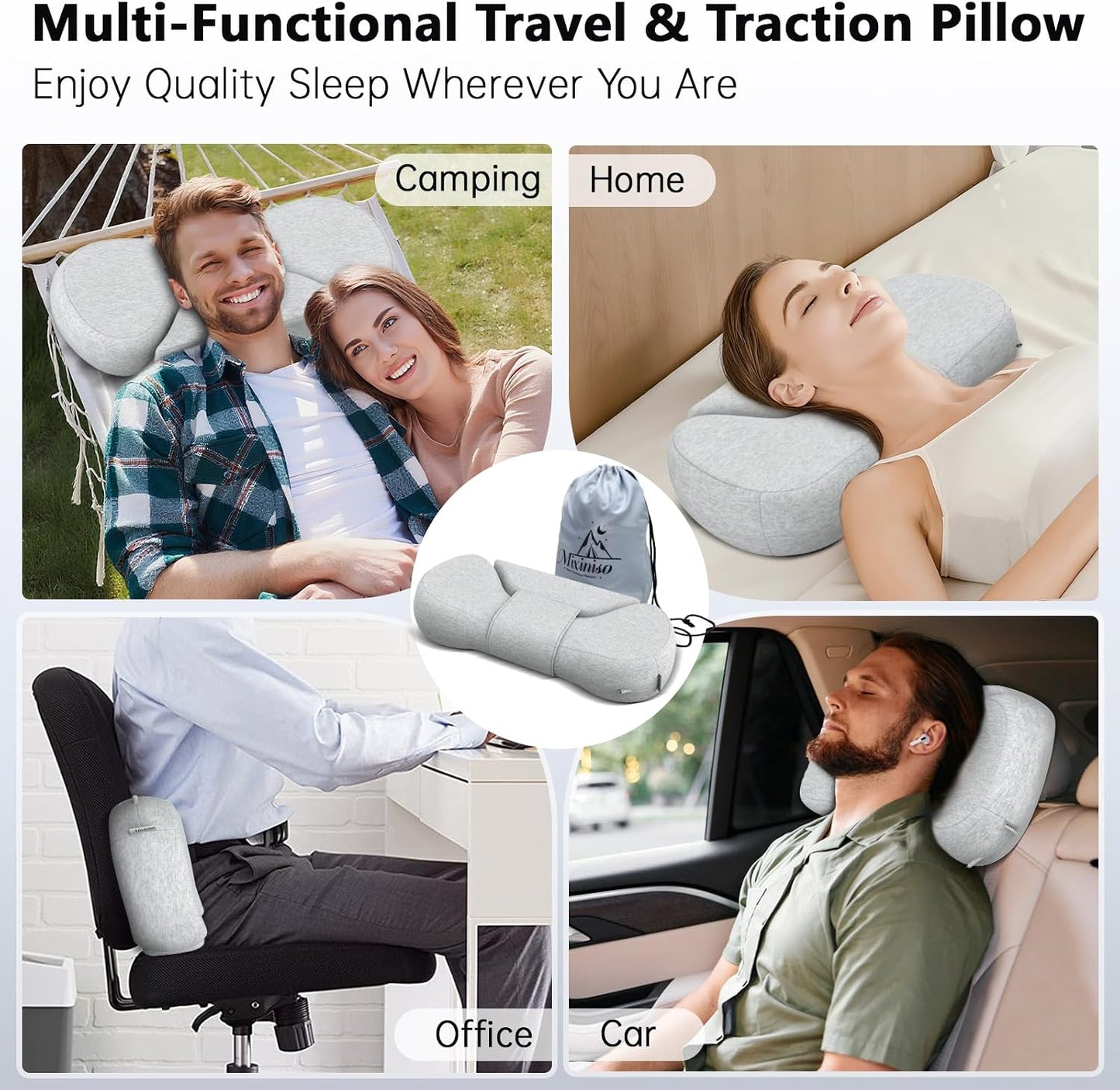 Cervical Neck Roll Pillow, Say Goodbye to Neck Pain, Travel Neck Support Pillow for Side Sleepers, Ergonomic Memory Foam Camping Pillow, Cervical Traction Device with Storage Bag (Blue)