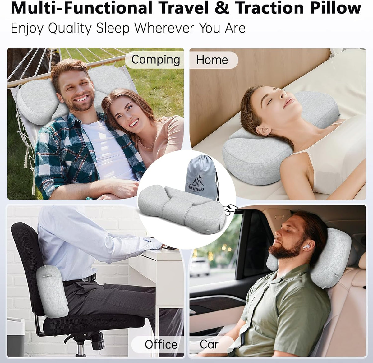 Cervical Neck Roll Pillow, Say Goodbye to Neck Pain, Travel Neck Support Pillow for Side Sleepers, Ergonomic Memory Foam Camping Pillow, Cervical Traction Device with Storage Bag (Blue)